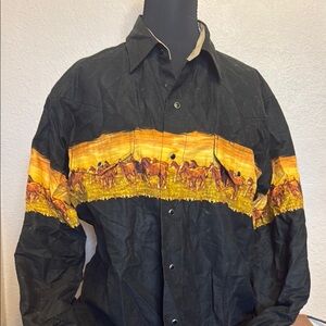 Yellow and Black Lightweight Shirt Jacket with Landscape Design